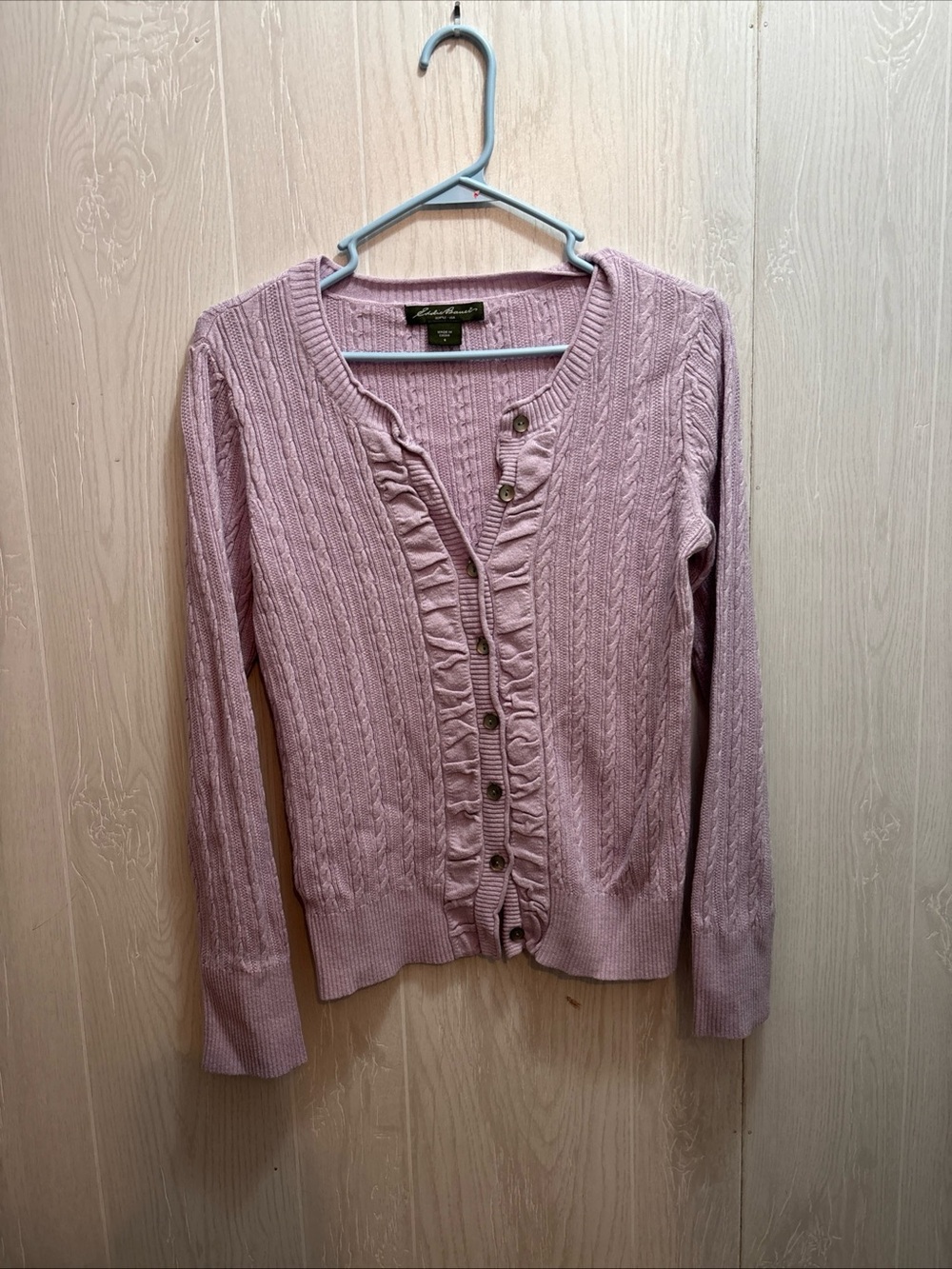 Eddie Bauer Soft Mauve Ruffle-Front Cable Knit Cardigan